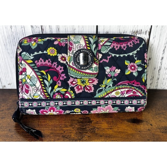 Vera Bradley Turn Lock Wallet-Black Petal Paisley RETIRED Pattern - Picture 1 of 8